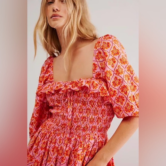 NEW Free People Oasis Printed Smocked Ethereal Midi Dress Pink/Rose Women’s XS - Picture 2 of 16